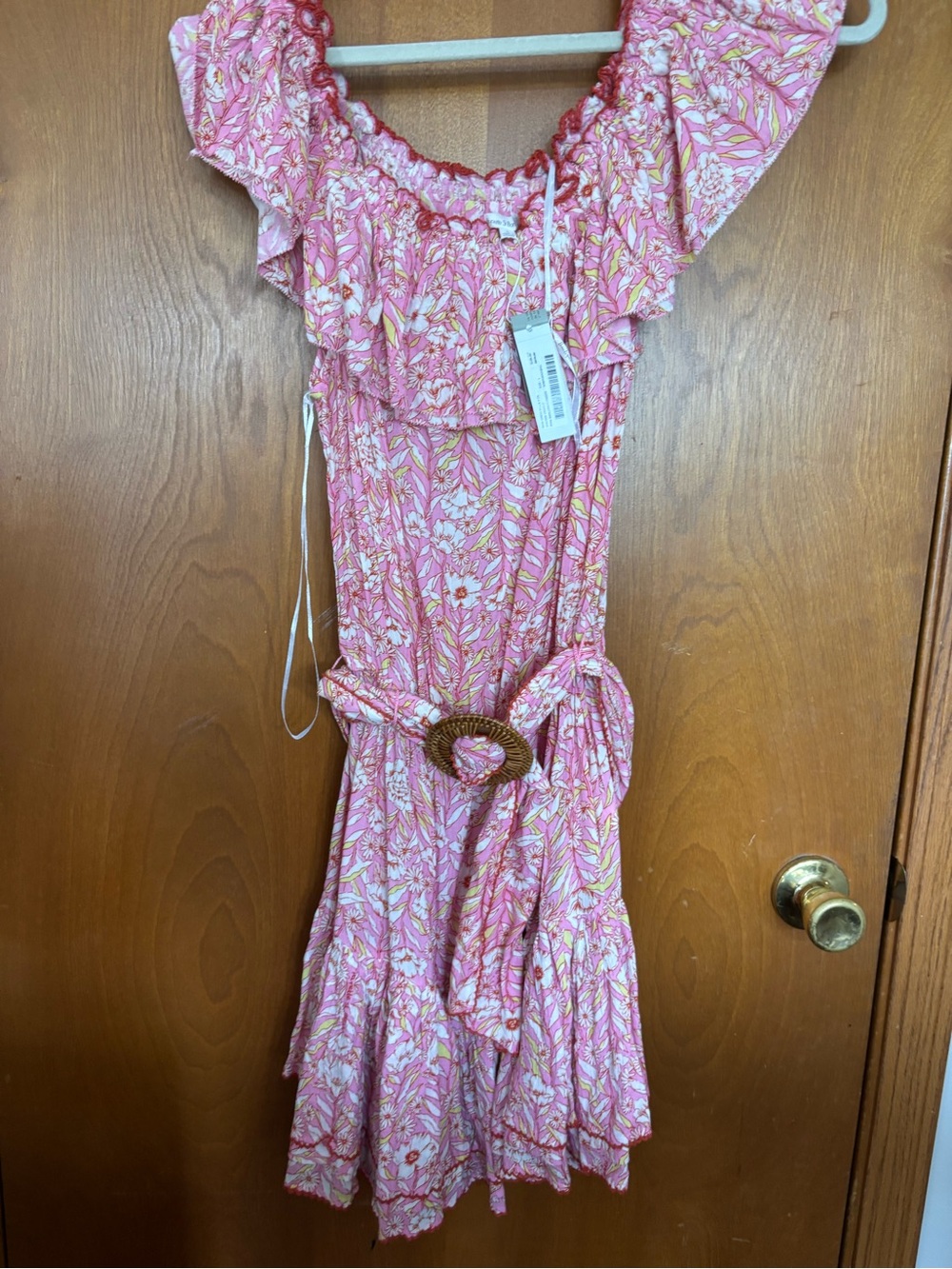 Poupette St. Barth Pink and Yellow Floral Smocked Dress with Orange Trim